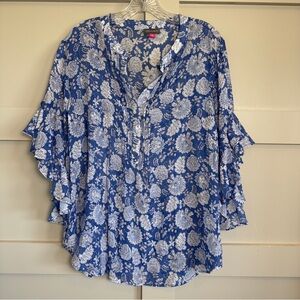 Vince Camuto Blue White Floral V-Neck 3/4 Ruffle Sleeve Blouse Women’s Size 1X